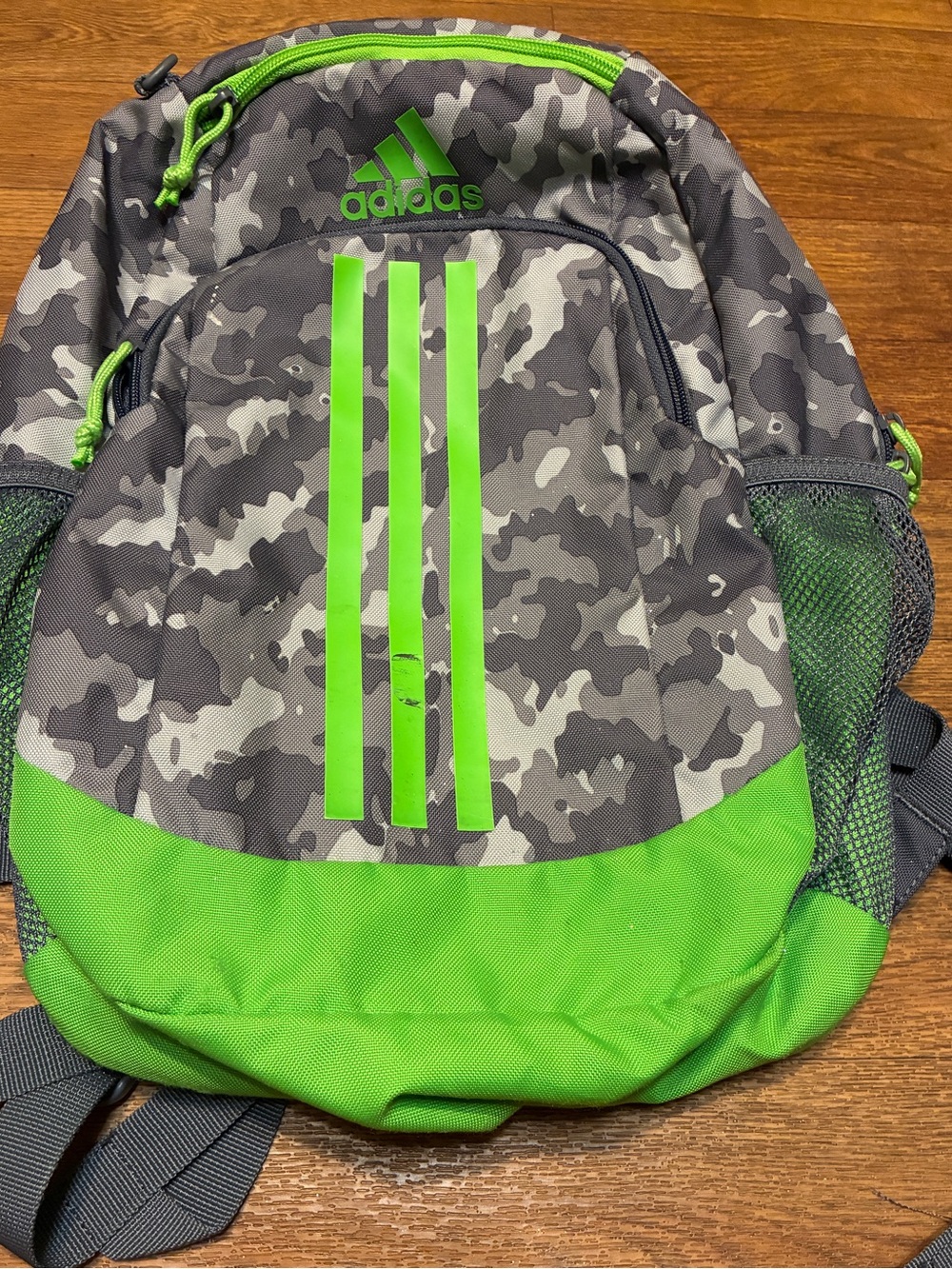 Adidas Gray Camo & Neon Green Athletic Backpack
